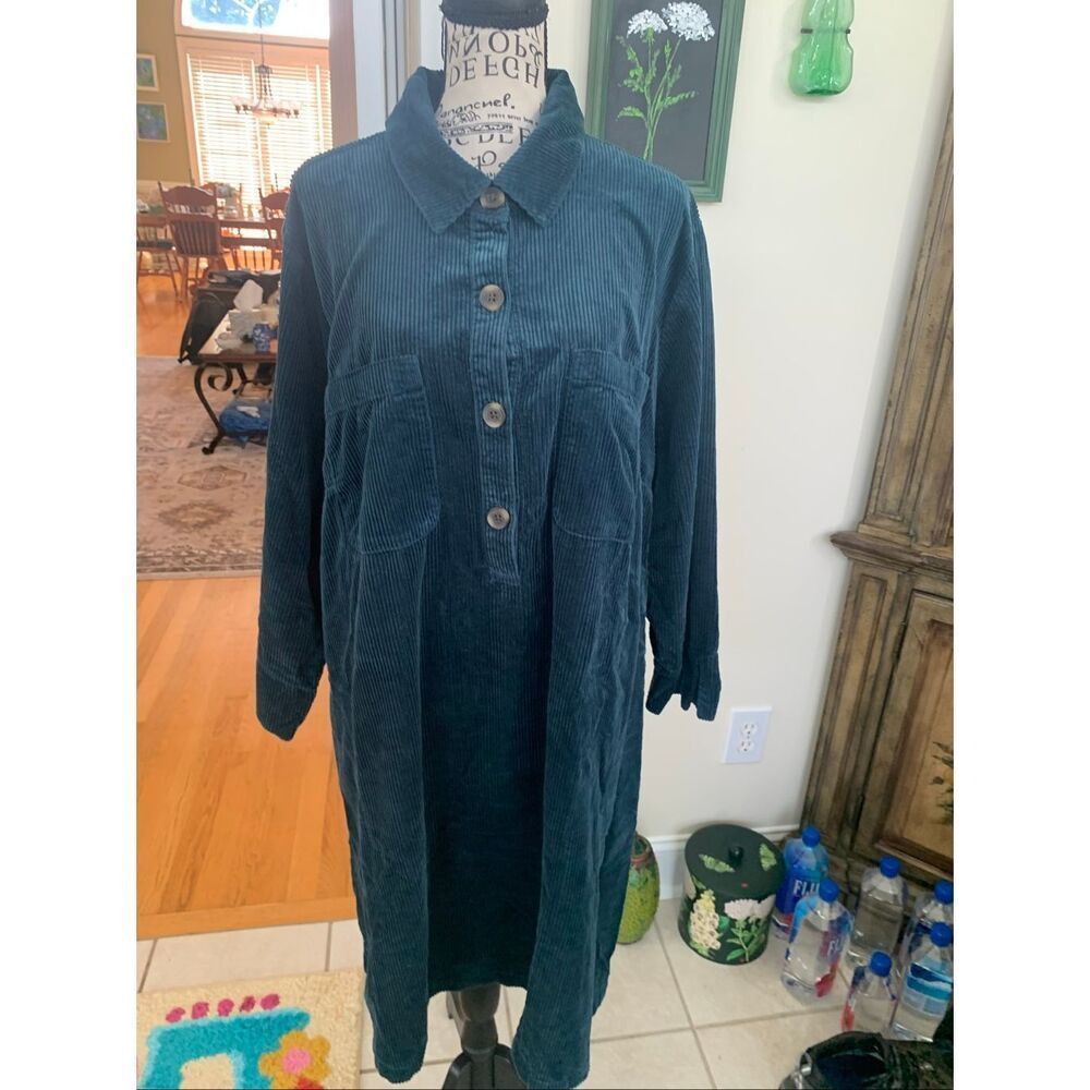 J. Jill dark teal corduroy shirt dress with a button-front and chest pockets